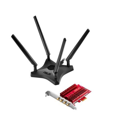 ASUS PCE-AC88 dual-band AC3100 PCI-E wireless adapter with antennas for enhanced Wi-Fi performance.